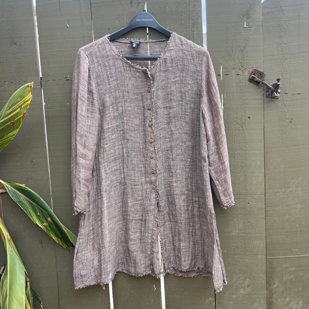 Eileen Fisher Tunic Women Small Brown Linen Raw Edge Long Sleeve Button Front